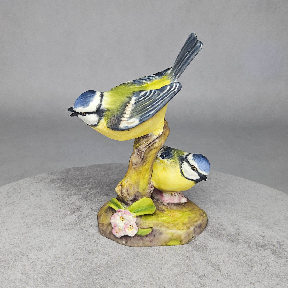 Vintage Royal Worcester blue tits bone china figurine, front view