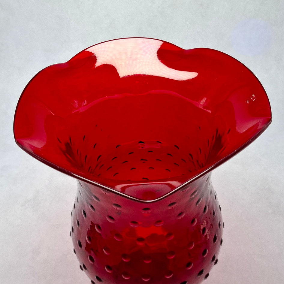 Vintage Ruby Red Footed Glass Hobnail Vase with Fluted Rim