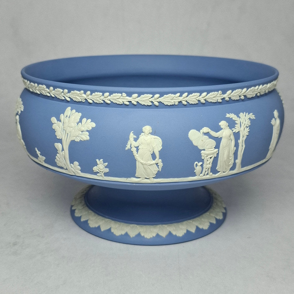 Vintage Wedgwood Blue Jasperware Pedestal Bowl with White Relief Decoration - 12.5cm