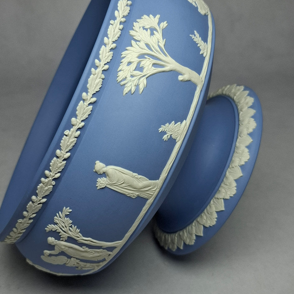 Vintage Wedgwood Blue Jasperware Pedestal Bowl with White Relief Decoration - 12.5cm