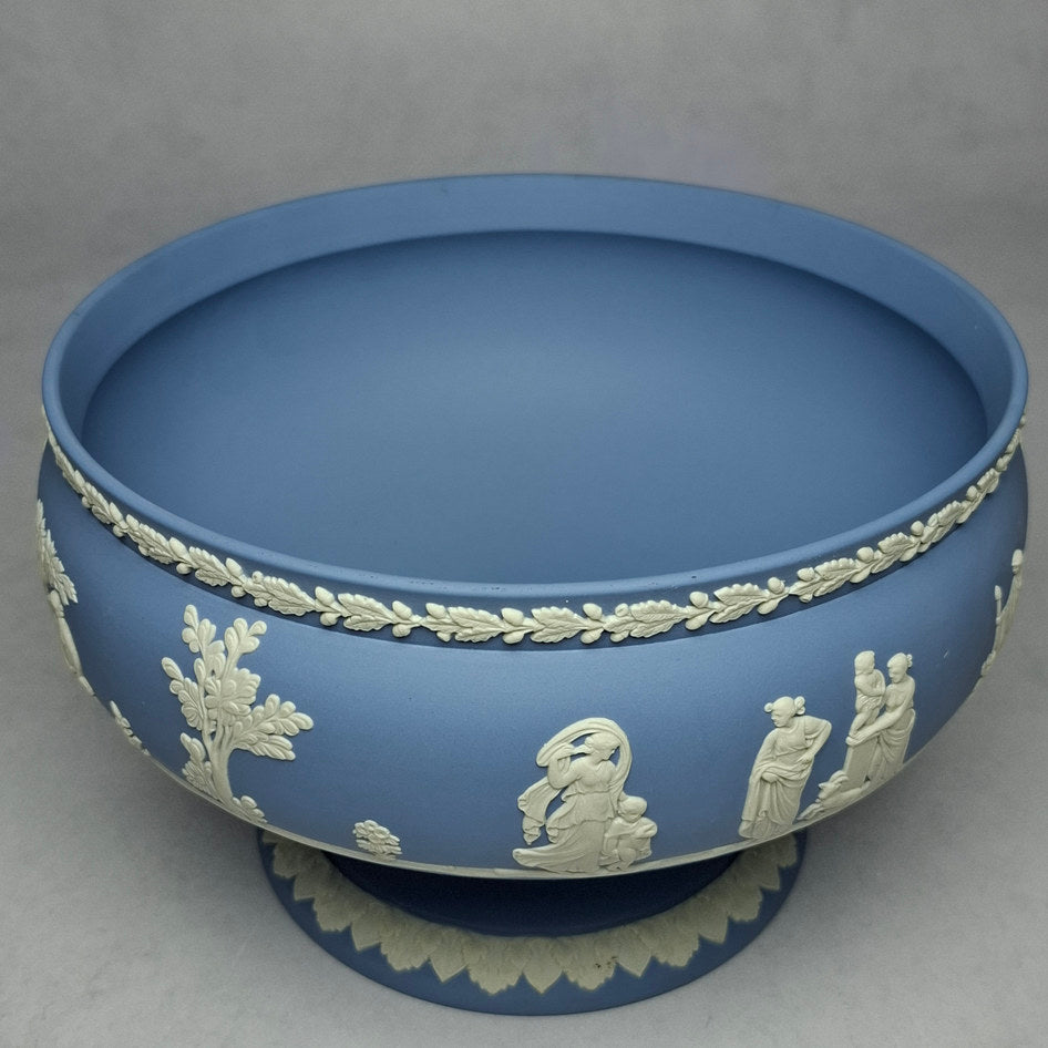 Vintage Wedgwood Blue Jasperware Pedestal Bowl with White Relief Decoration - 13.5cm