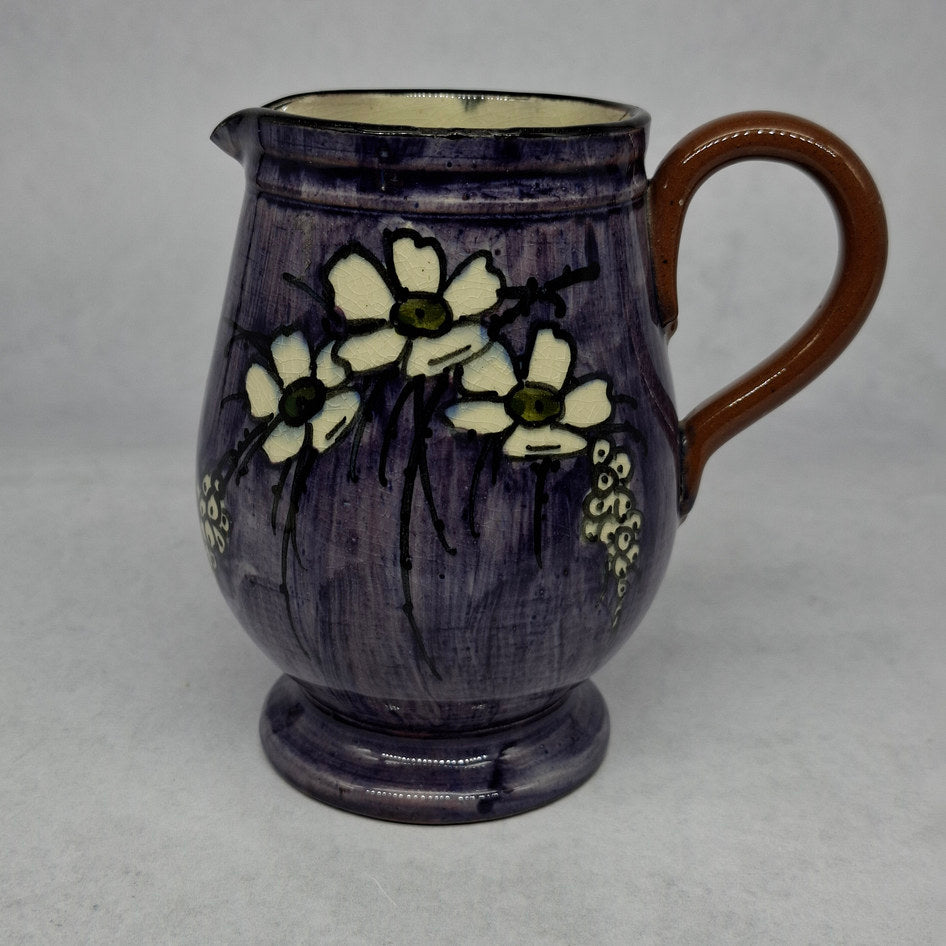 Rare Antique Watcombe Torquay Purple Hand-Painted Floral Pitcher with Brown Handle