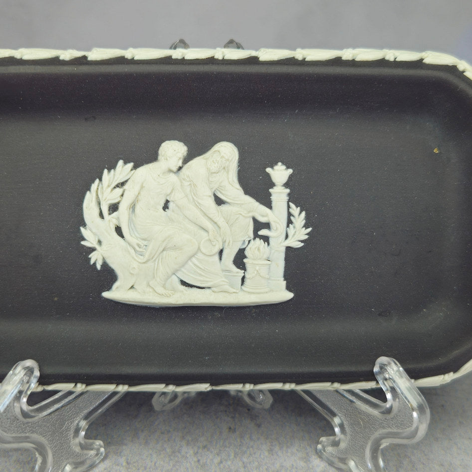 Wedgwood Black Jasperware Rectangular Neoclassical Relief Jewellery Dish
