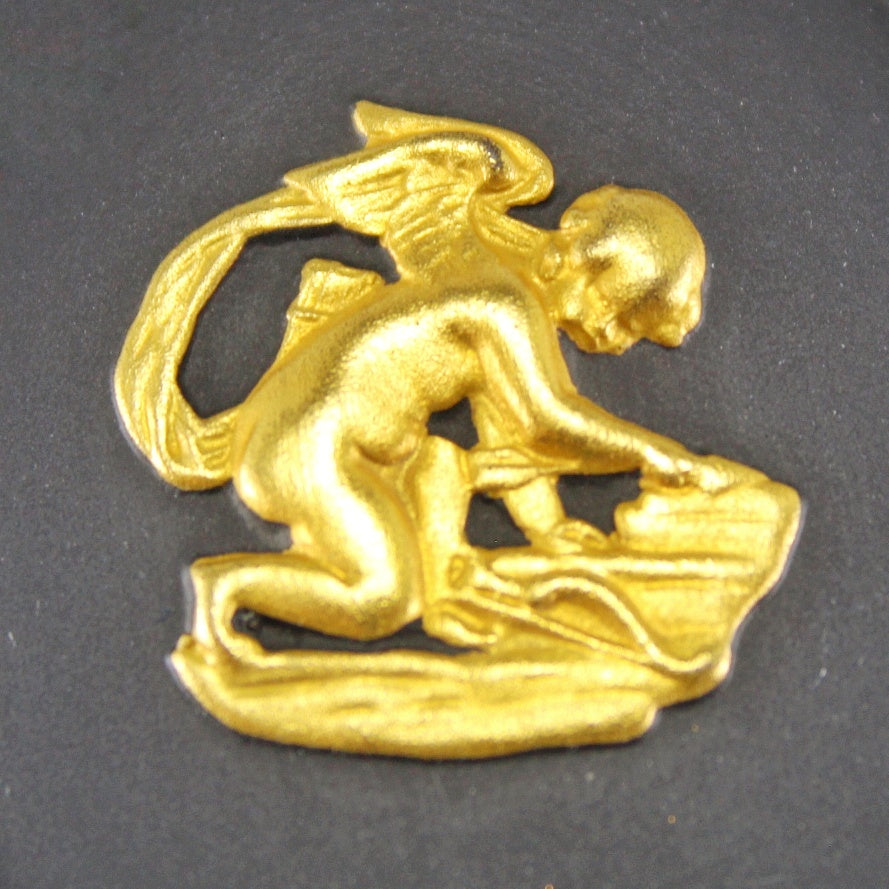 Wedgwood Gold on Black Jasperware Lidded Pill Box with Cherub Relief Figure