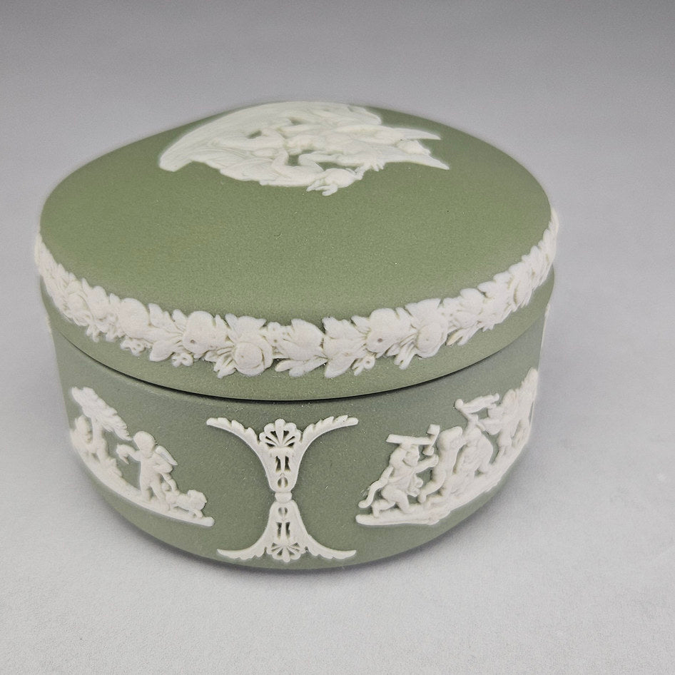 Wedgwood Sage Green Jasperware Kidney-Shaped Lidded Trinket Box