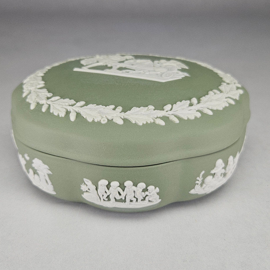 Wedgwood Sage Green Jasperware Large Round Lidded Trinket Box