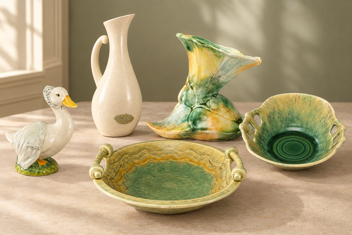 Curated display of vintage Beswick pottery including a Rebeccah Puddle-Duck figurine, ivory ewer jug, leaf vase and serving bowls