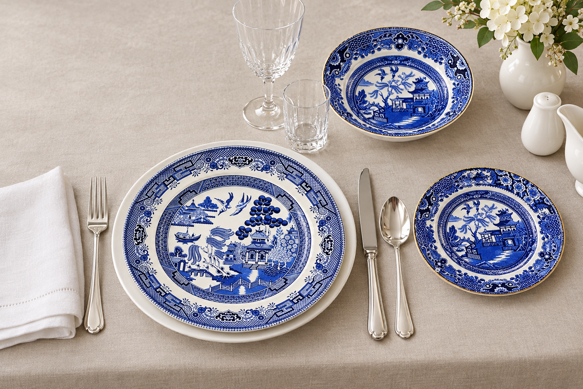 Blue Willow dinner table setting using actual Churchill, Swinnertons and Burleigh Ware collection pieces with charger, side plate, bowl, cutlery and glassware