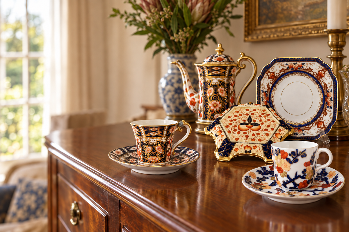 Antique English Imari bone china in cobalt blue, iron-red and gilt, including Royal Crown Derby and Coalport cups and saucers, arranged on a wooden sideboard