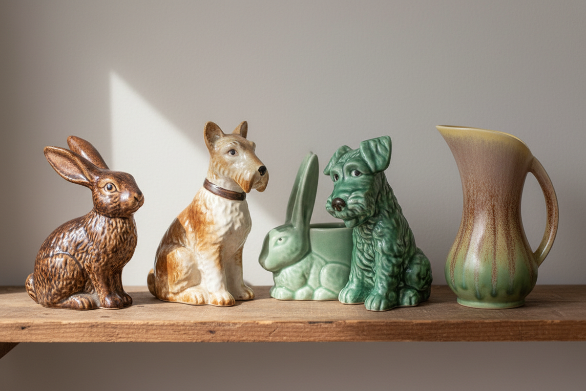 Five vintage SylvaC ceramic pieces on a collector's wooden display shelf, including rabbit, terrier and hare figures and a mottled Art Deco jug