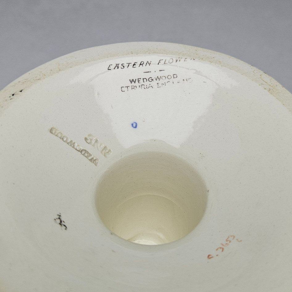 Wedgwood Eastern Flowers backstamp on a pedestal cake stand base showing the Etruria England mark used to date antique ceramics