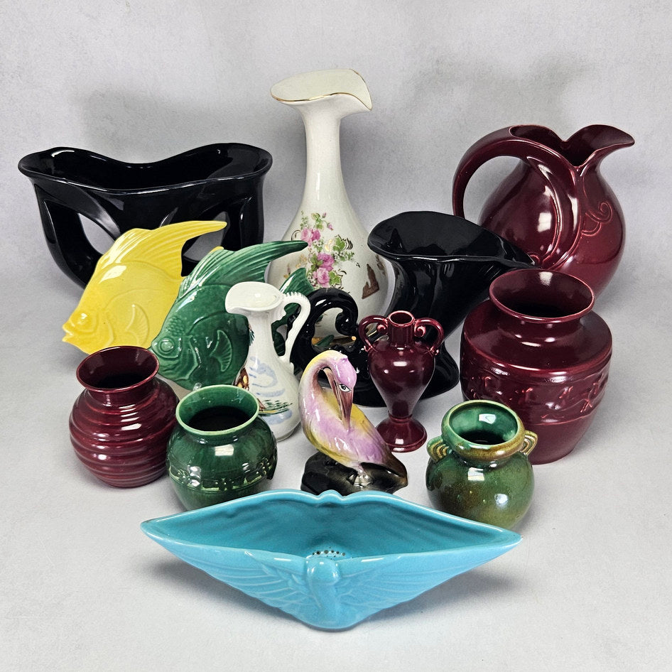 South African ceramic vases, fish ornaments and turquoise winged posy vase