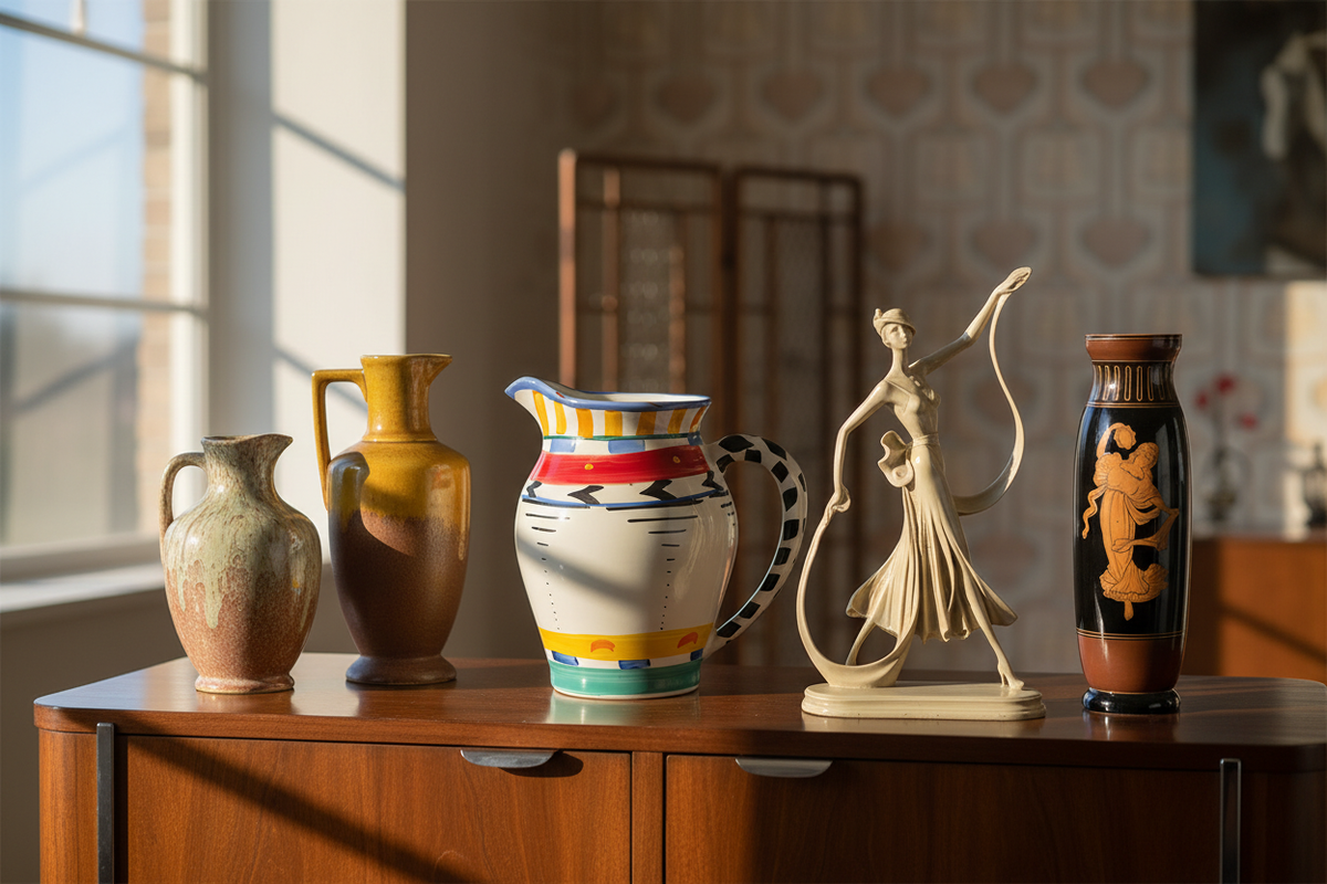 Vintage Art Deco ceramics, glass and decorative pieces arranged on a streamlined 1920s sideboard