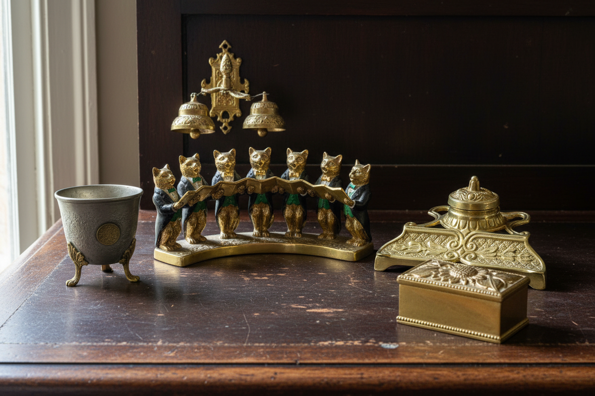 Vintage brass and pewter objects arranged on a dark wooden writing desk