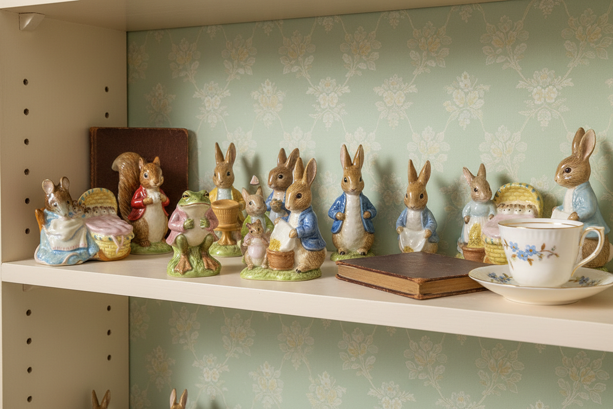 Vintage Beatrix Potter ceramic figurines arranged on a softly lit collector's shelf