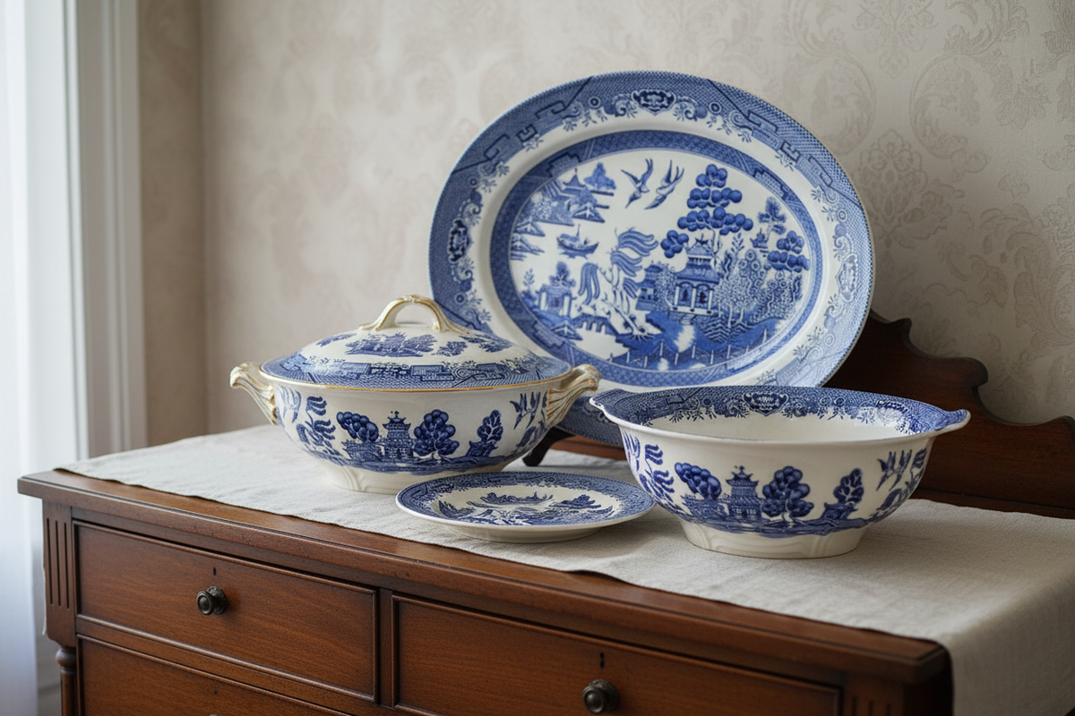 Blue Willow tureen, serving pieces and plates arranged on a traditional dresser