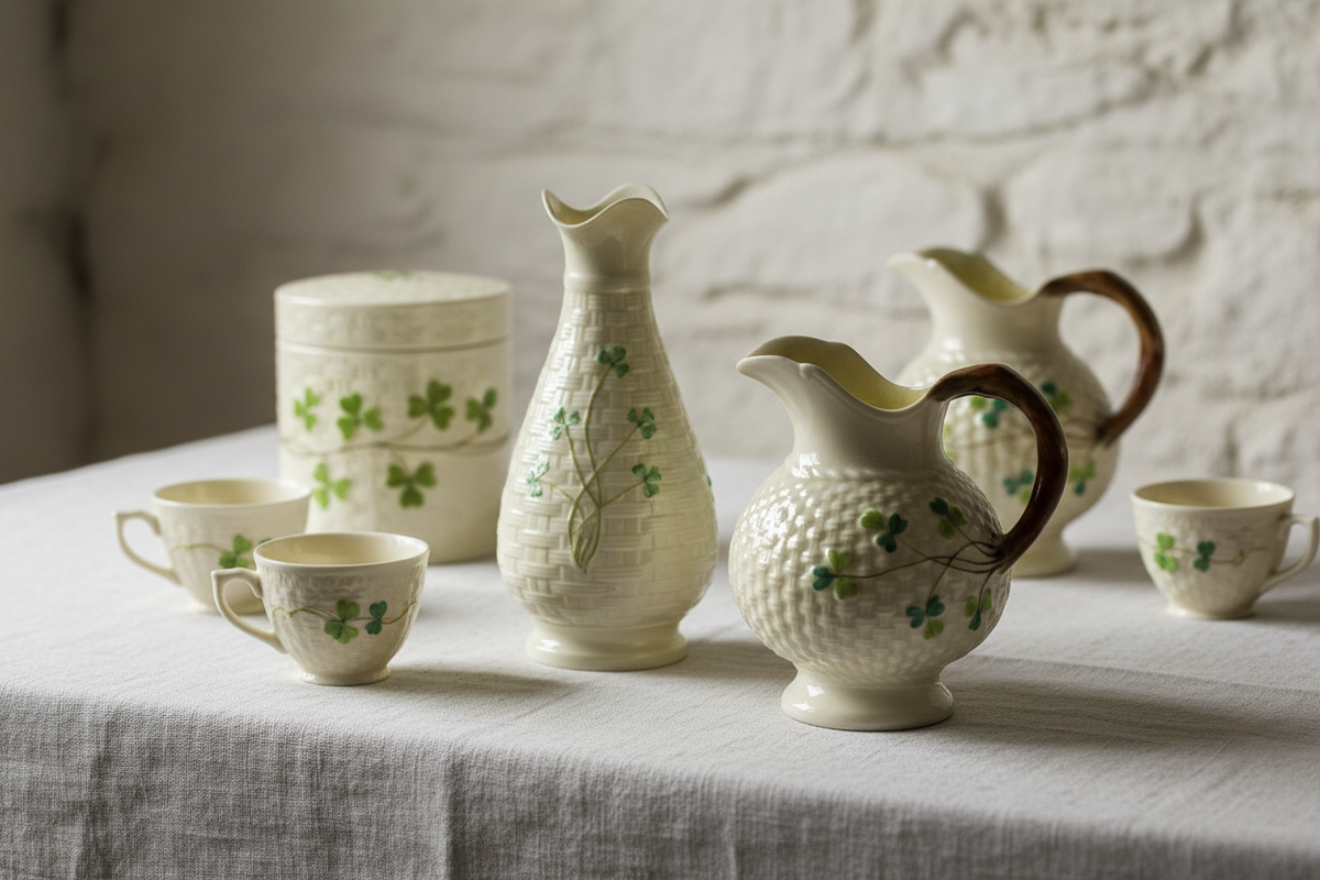 Belleek ivory basket-weave china arranged on a pale linen table in soft daylight