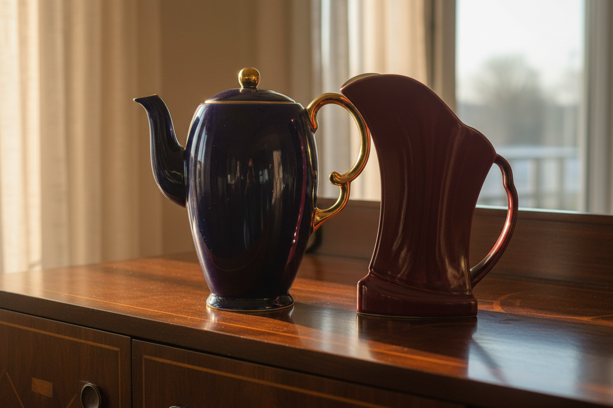 Crown Devon cobalt blue coffee pot and burgundy ceramic jug on an Art Deco sideboard