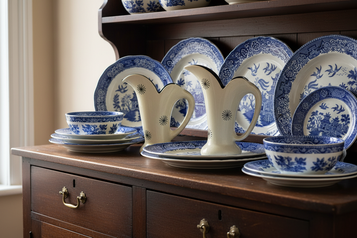 Burleigh Ware Willow ceramics and warm patterned jugs arranged on a traditional kitchen dresser