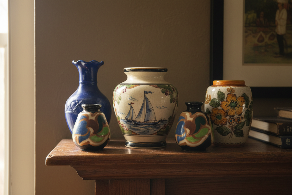 Hand-painted vintage ceramic vases arranged on an old wooden mantel in natural daylight