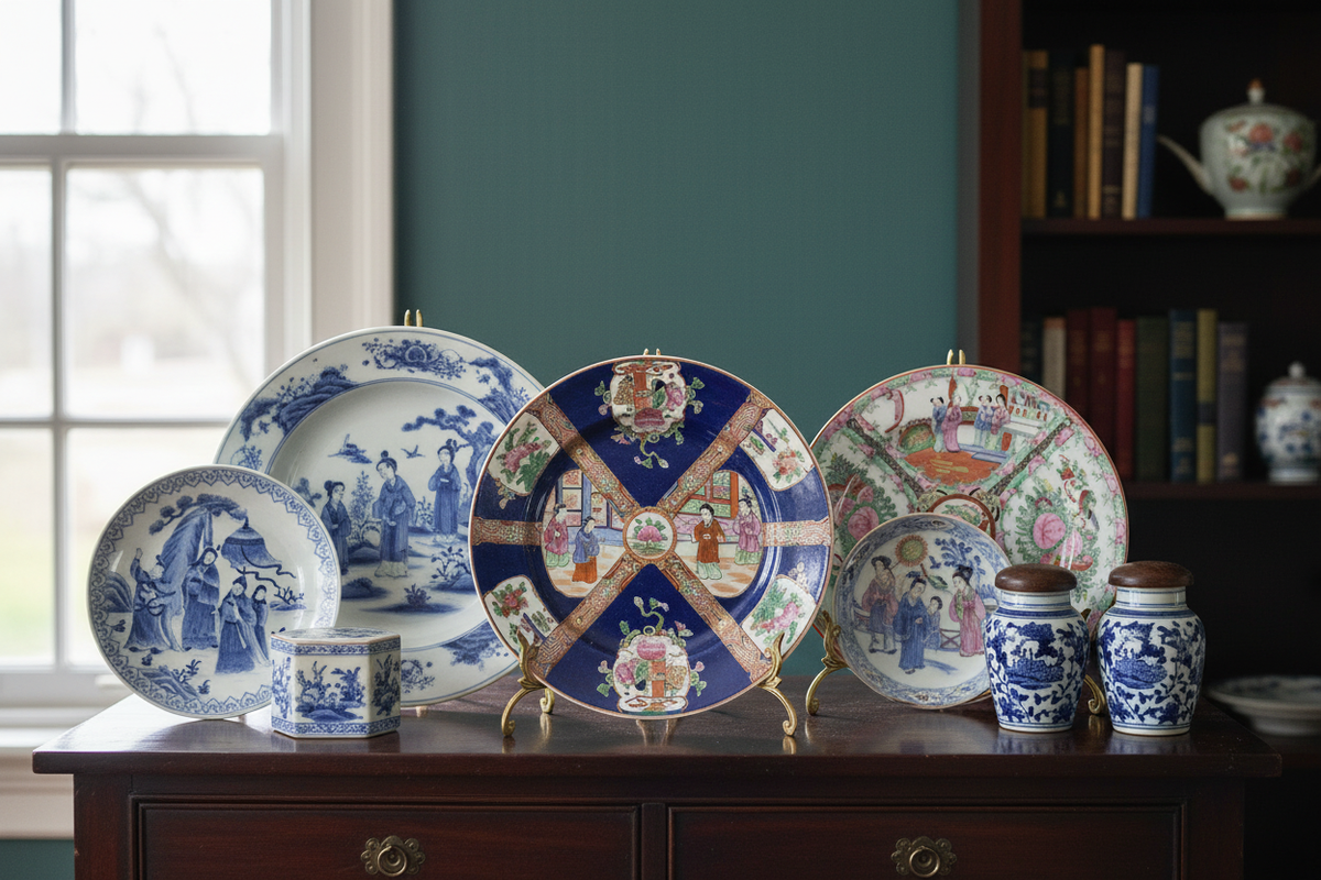 Chinese export porcelain and Oriental decorative ceramics arranged on a dark lacquered cabinet