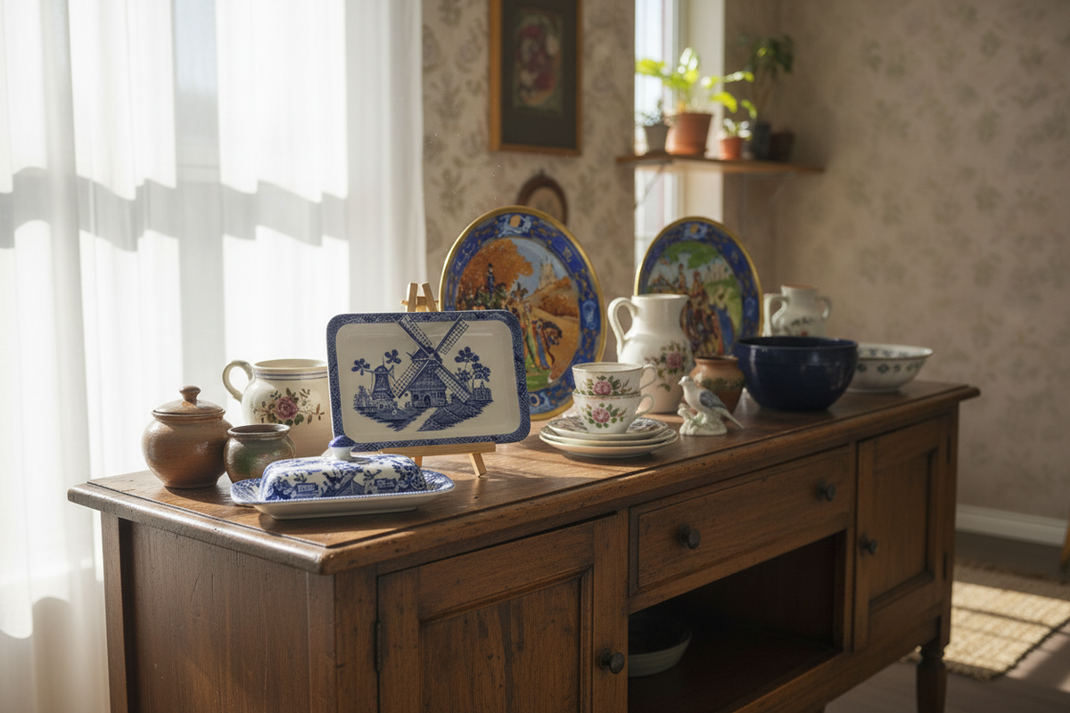 Antique and vintage ceramic plates, dishes and wall pieces arranged on a wooden sideboard