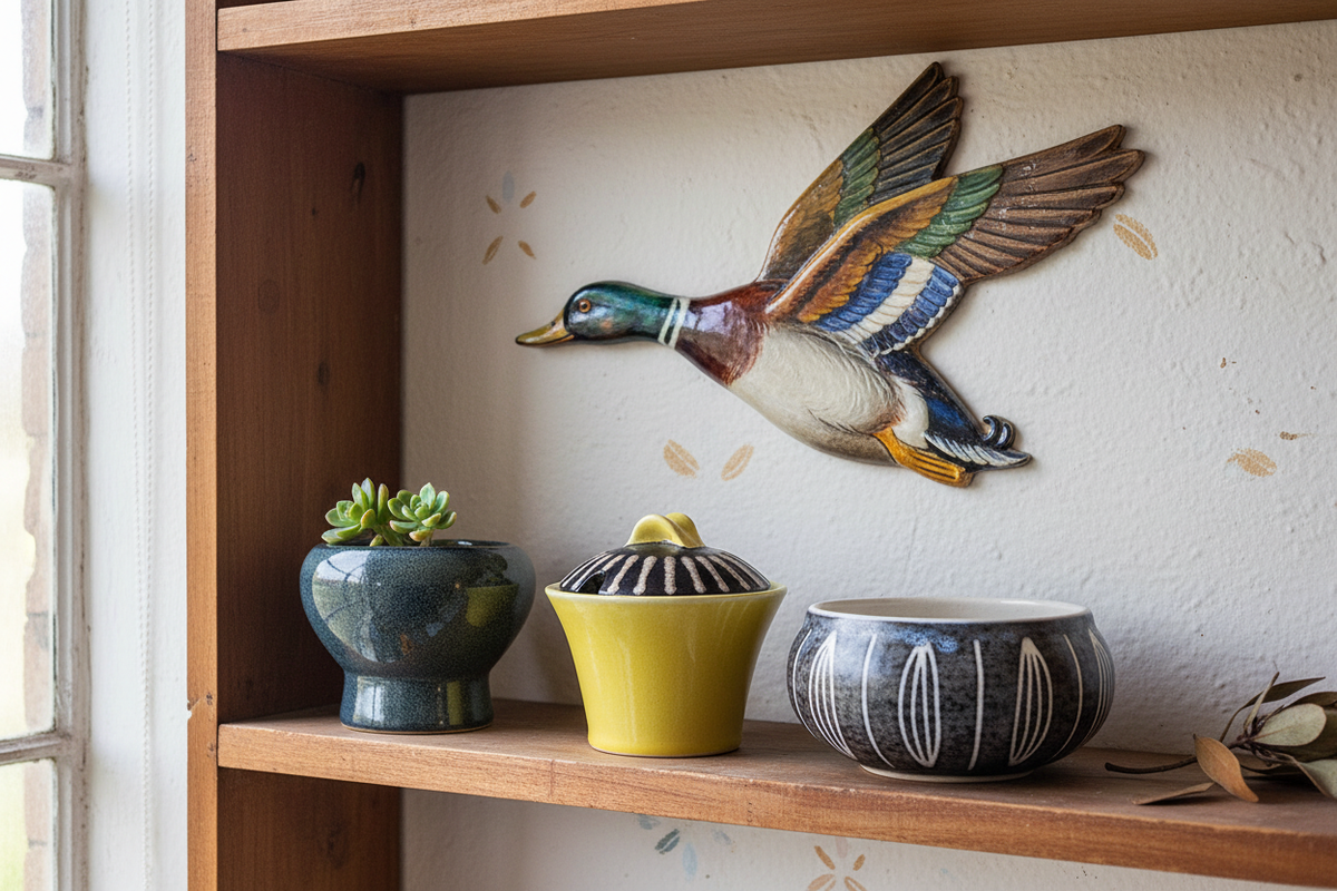 Vintage South African ceramic wall plaques, bowls and planters arranged on a wooden shelf