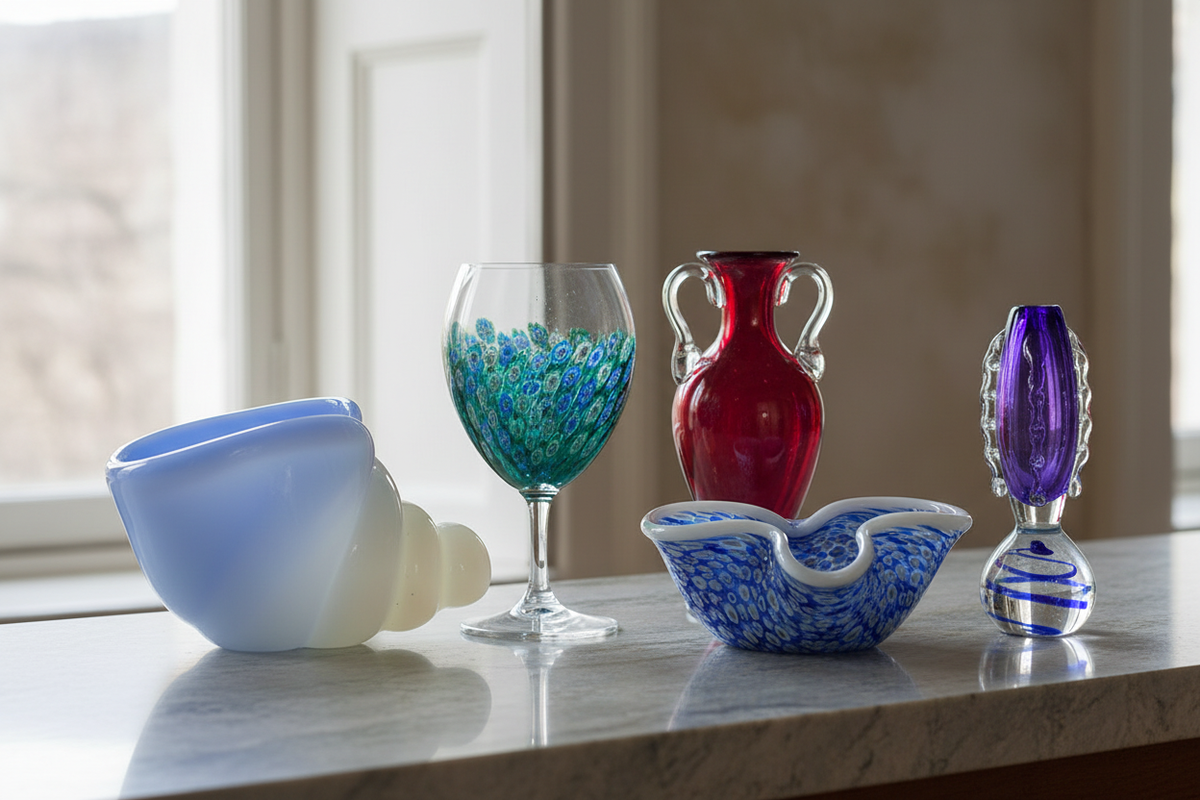 Colourful vintage art glass including millefiori, cased and studio pieces on a stone console