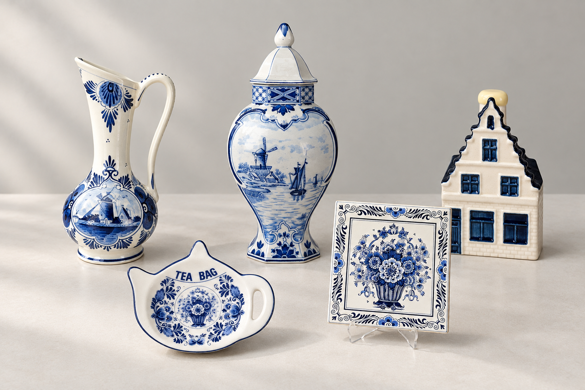 Blue-white Delft tea rest, tile, ewer, lidded vase and KLM miniature house
