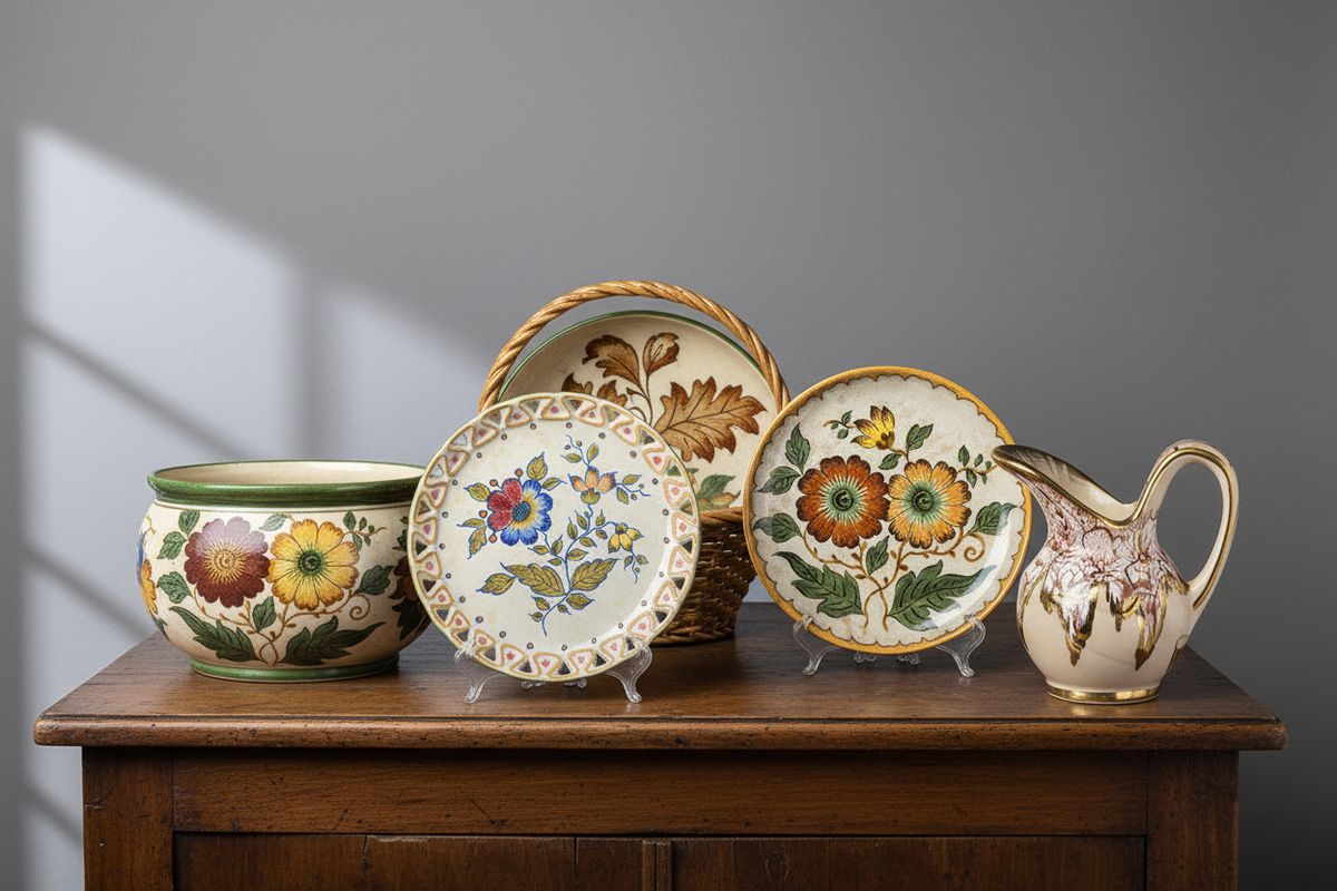 Richly coloured vintage Gouda pottery arranged on a dark timber cabinet in natural light