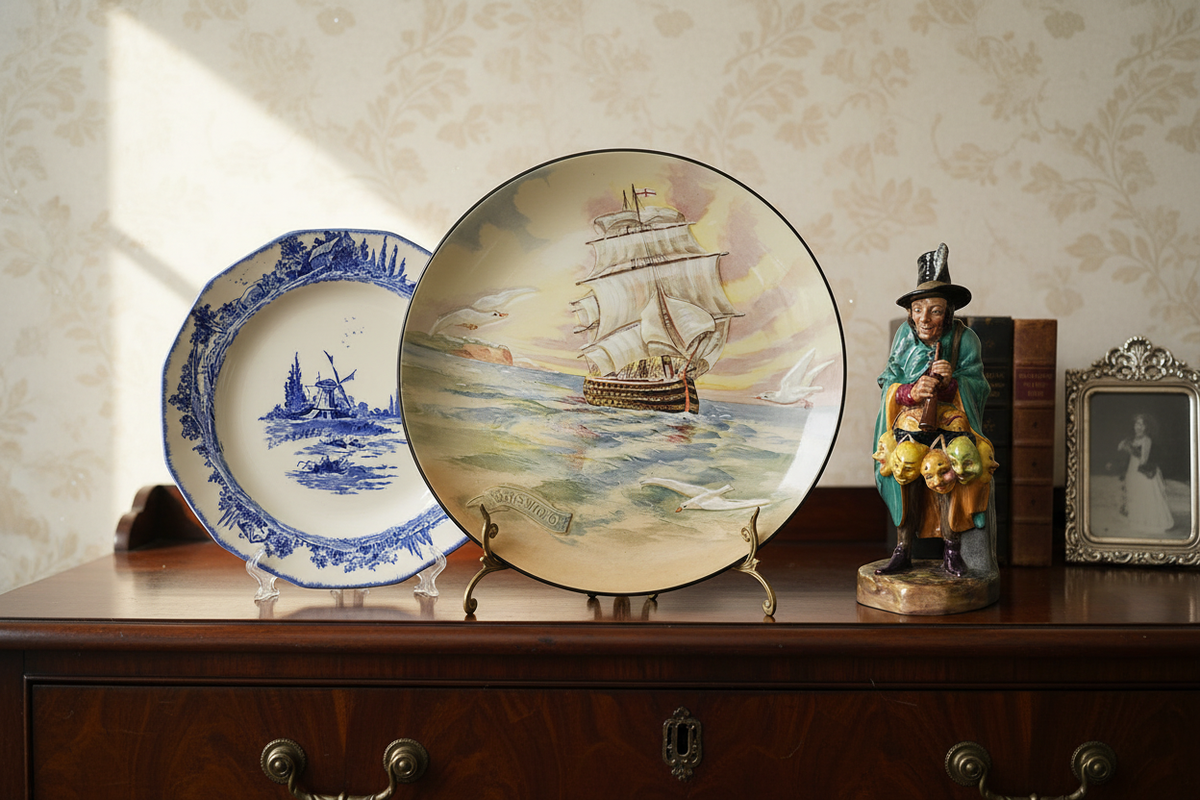 Royal Doulton plates and figurines arranged on a classic English sideboard in soft daylight