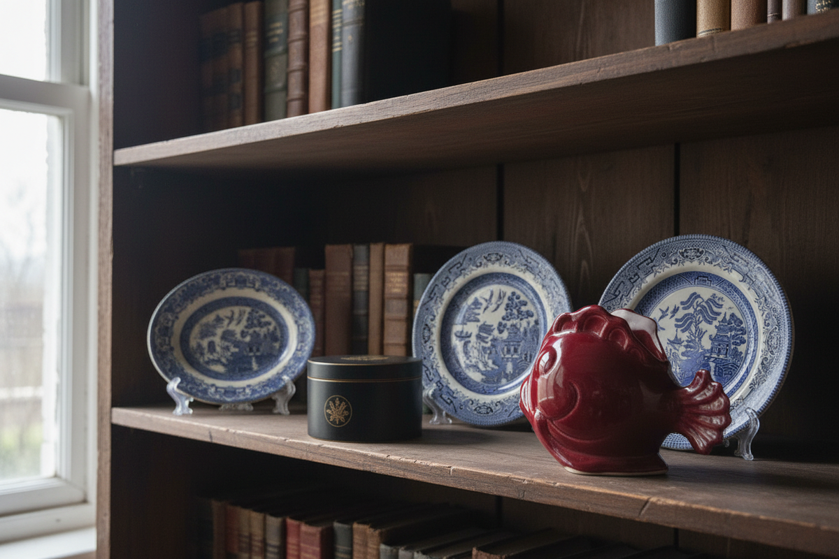 Previously sold vintage ceramics and collectibles arranged on an archival display shelf