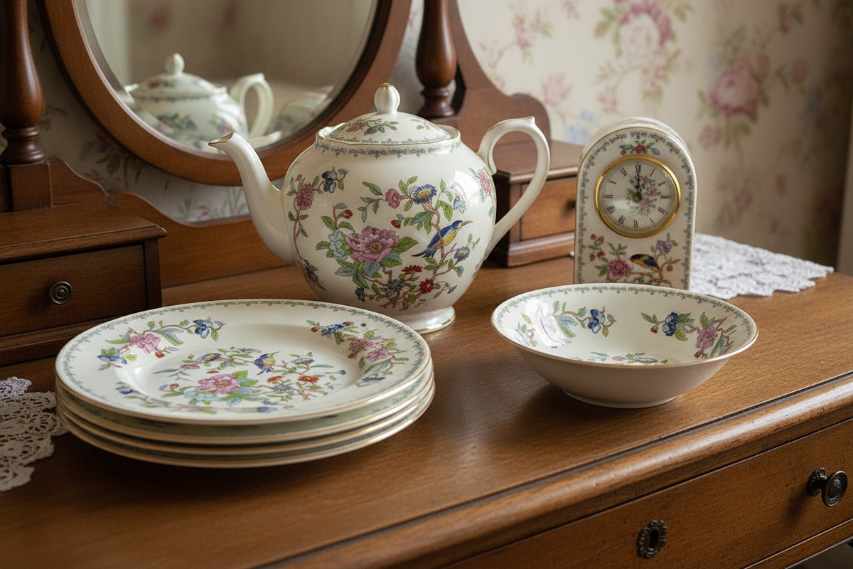 Aynsley fine bone china plates and teapot arranged on an English dressing table