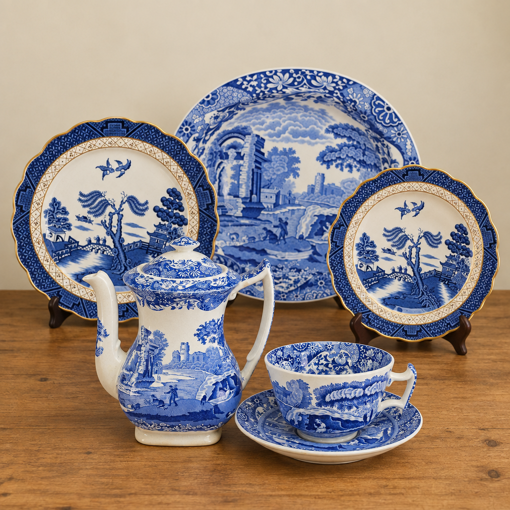 Copeland Spode Italian coffee pot, cup and saucer and serving dish with Booths Old Willow plates displayed on a wooden table