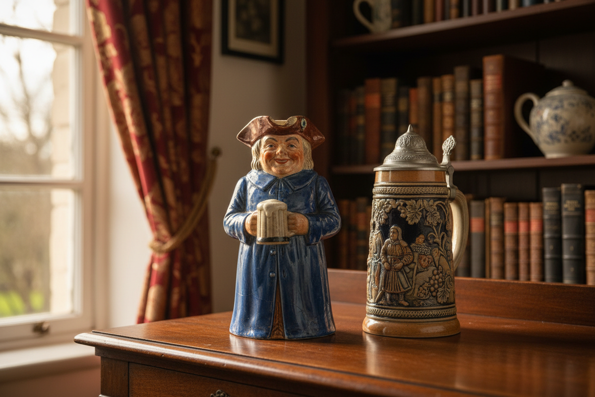 Vintage Toby jug and lidded beer stein arranged on a dark wooden sideboard