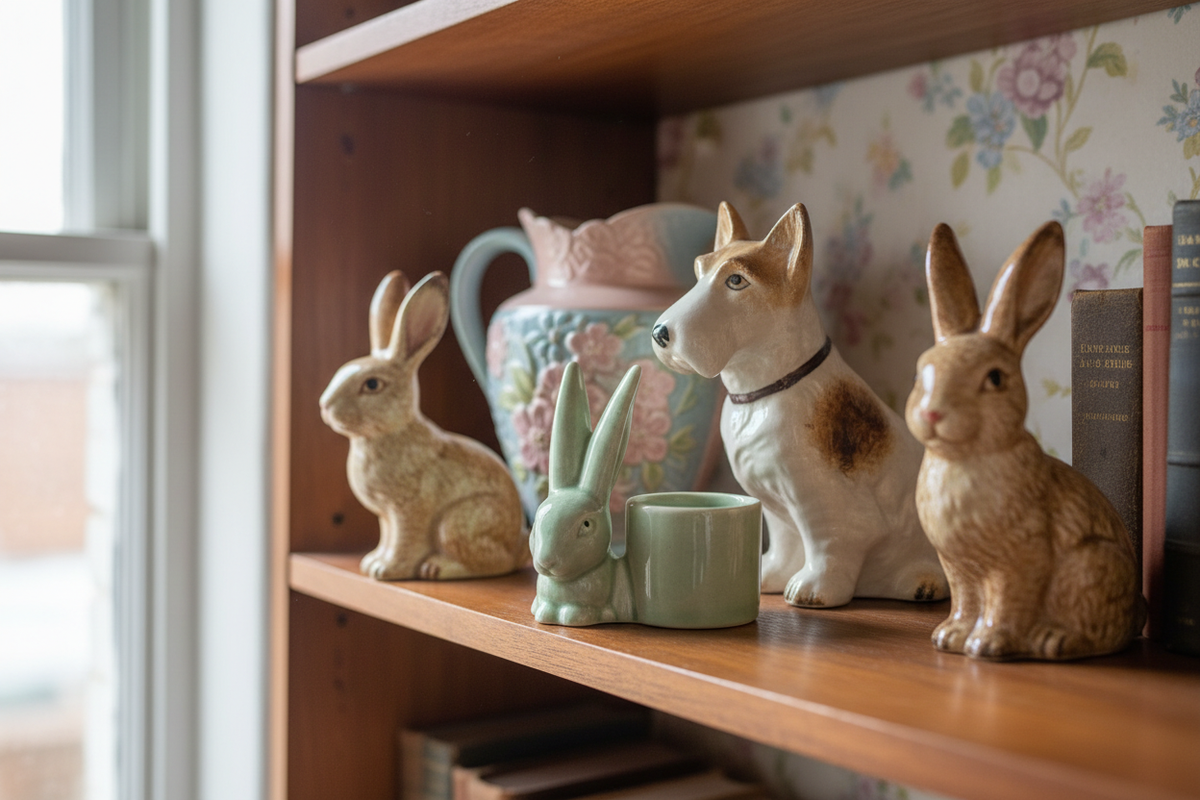 Vintage SylvaC animal figures and mid-century ceramic vases arranged on a warm wooden shelf