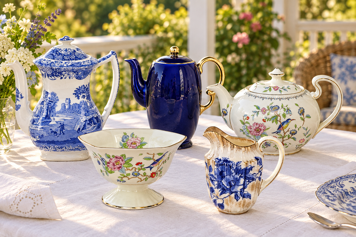 Vintage English teapot, coffee pots, sugar bowl and cream jug set for afternoon tea on a linen-covered veranda table
