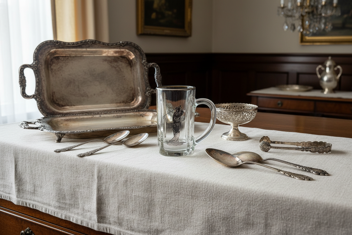 Vintage silver-overlay glass mug and aged silverware arranged on linen in soft daylight