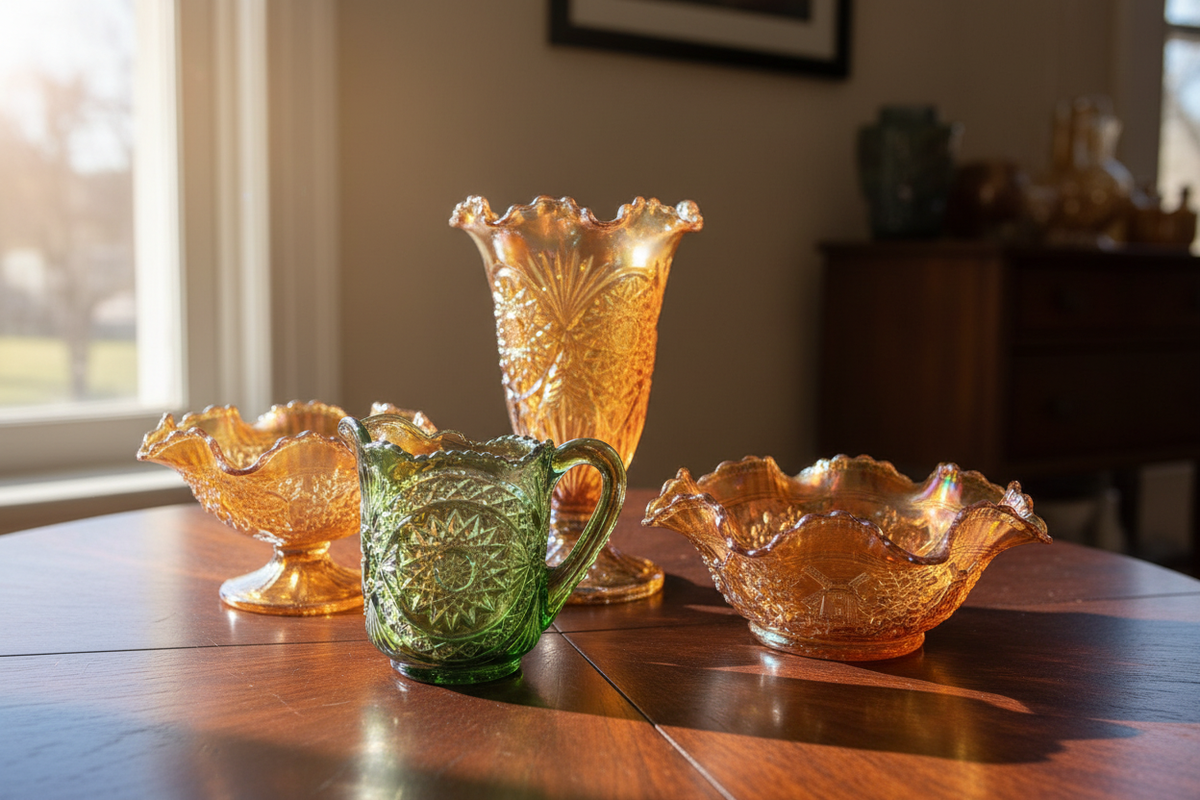 Iridescent marigold and green Carnival Glass bowls and vases arranged in natural light