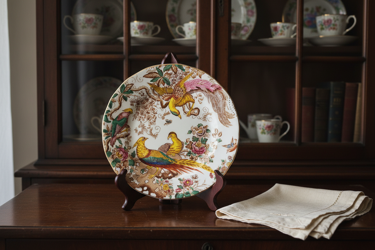 Royal Crown Derby fine bone china plate displayed on a dark wood stand in soft daylight