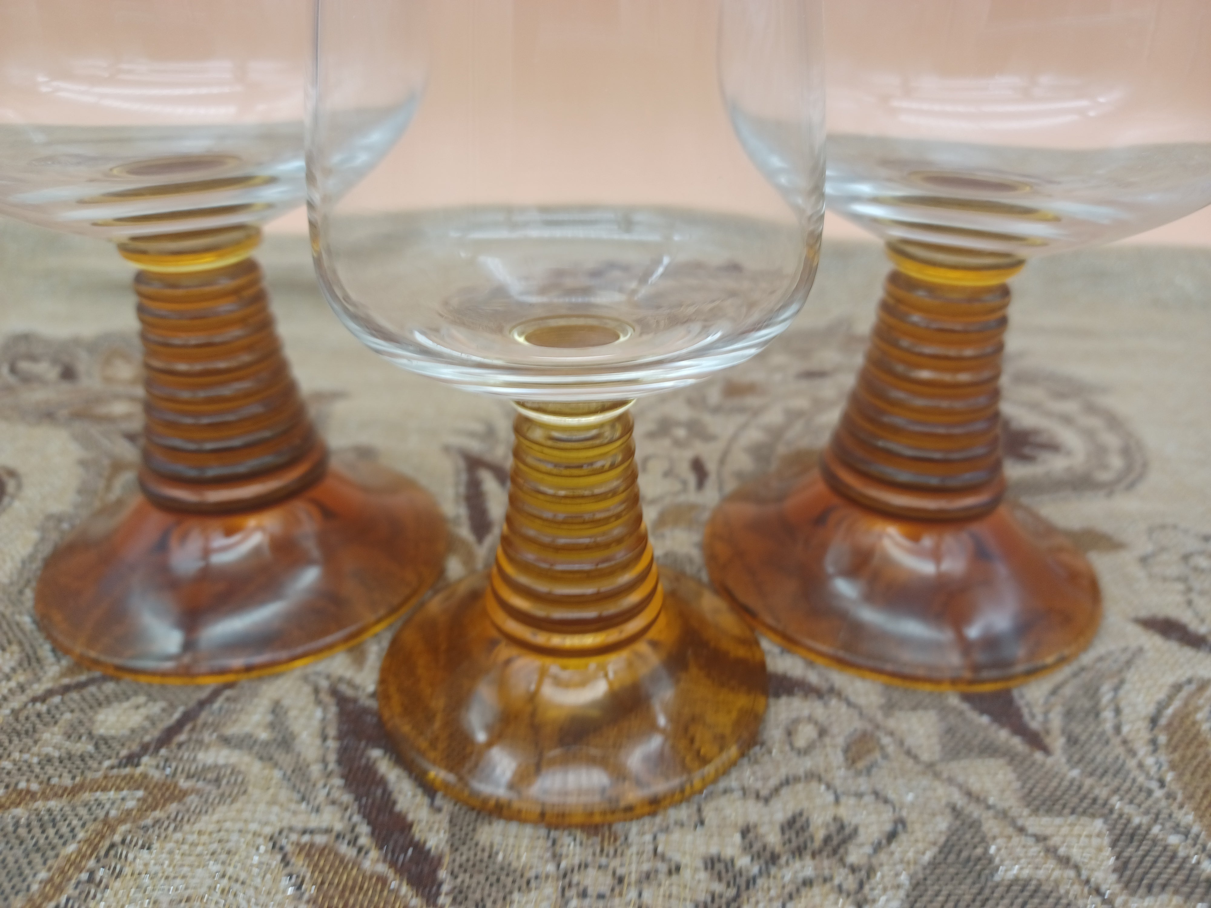 Vintage Roemer Clear Glass with Amber Ribbed Stem Glasses, Set of 4