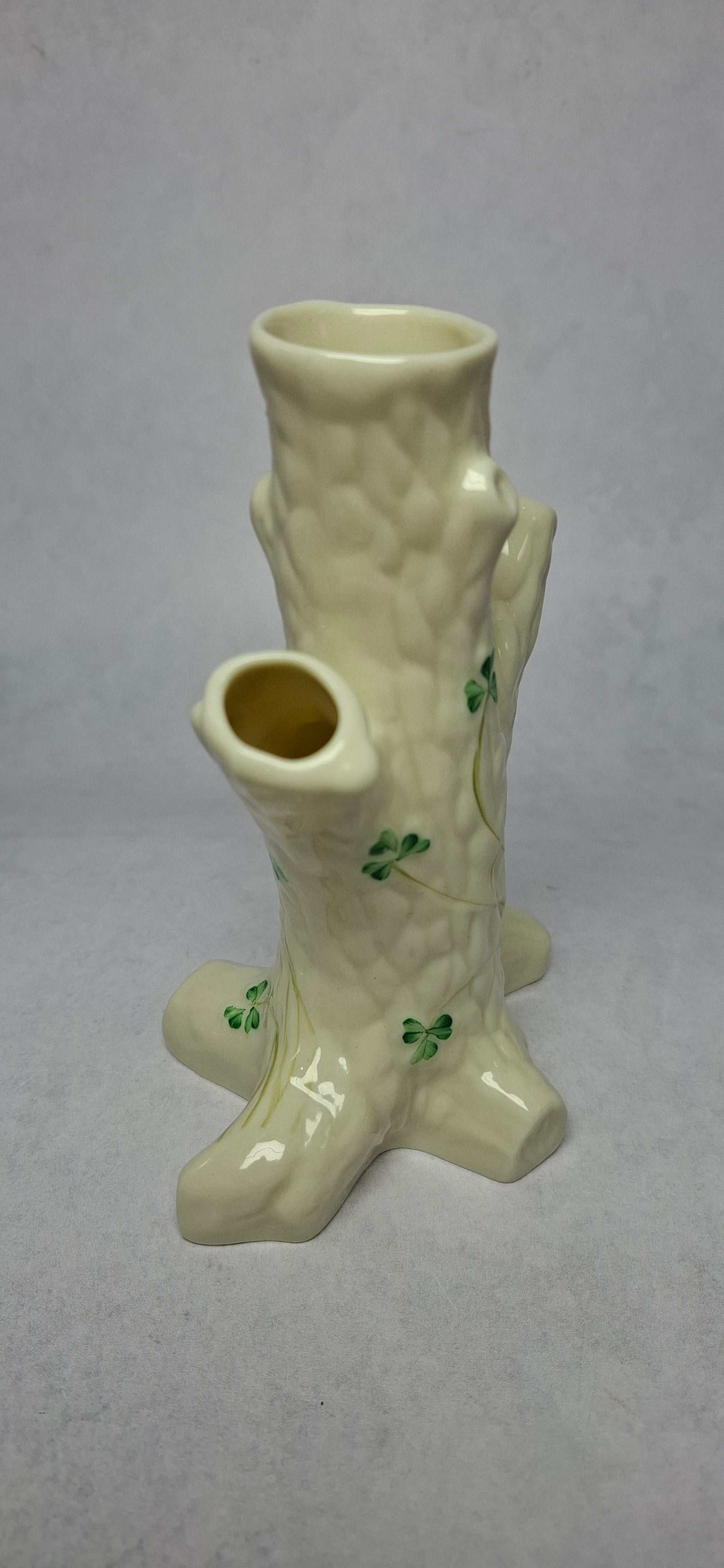Vintage Tree Stump Vase in Soft Cream with Shamrock Motif, Marked Belleek Ireland