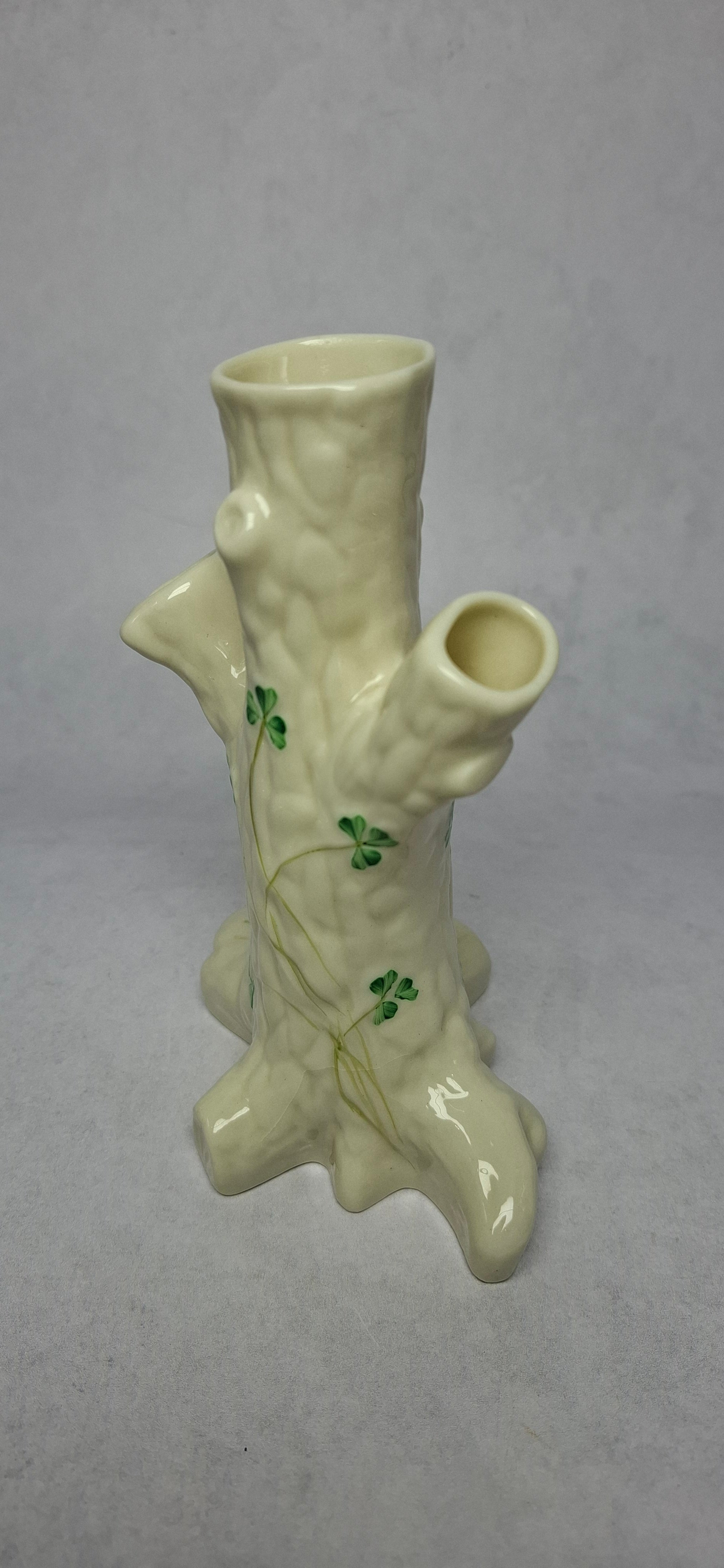 Vintage Tree Stump Vase in Soft Cream with Shamrock Motif, Marked Belleek Ireland