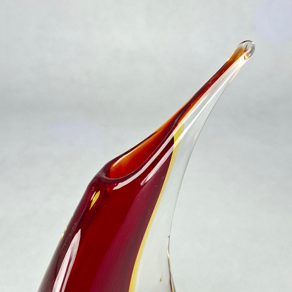 Murano-Style Amber Red and Clear Sommerso Art Glass Teardrop Vase