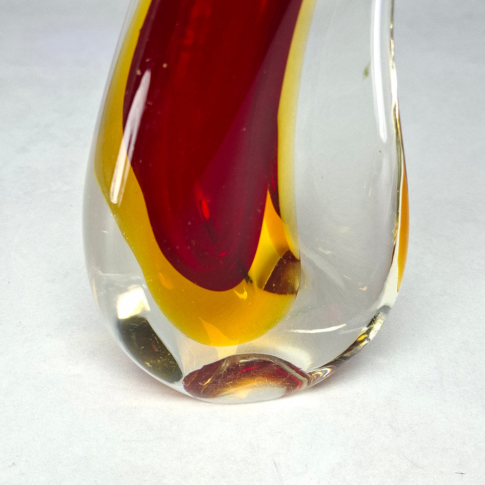 Murano-Style Amber Red and Clear Sommerso Art Glass Teardrop Vase