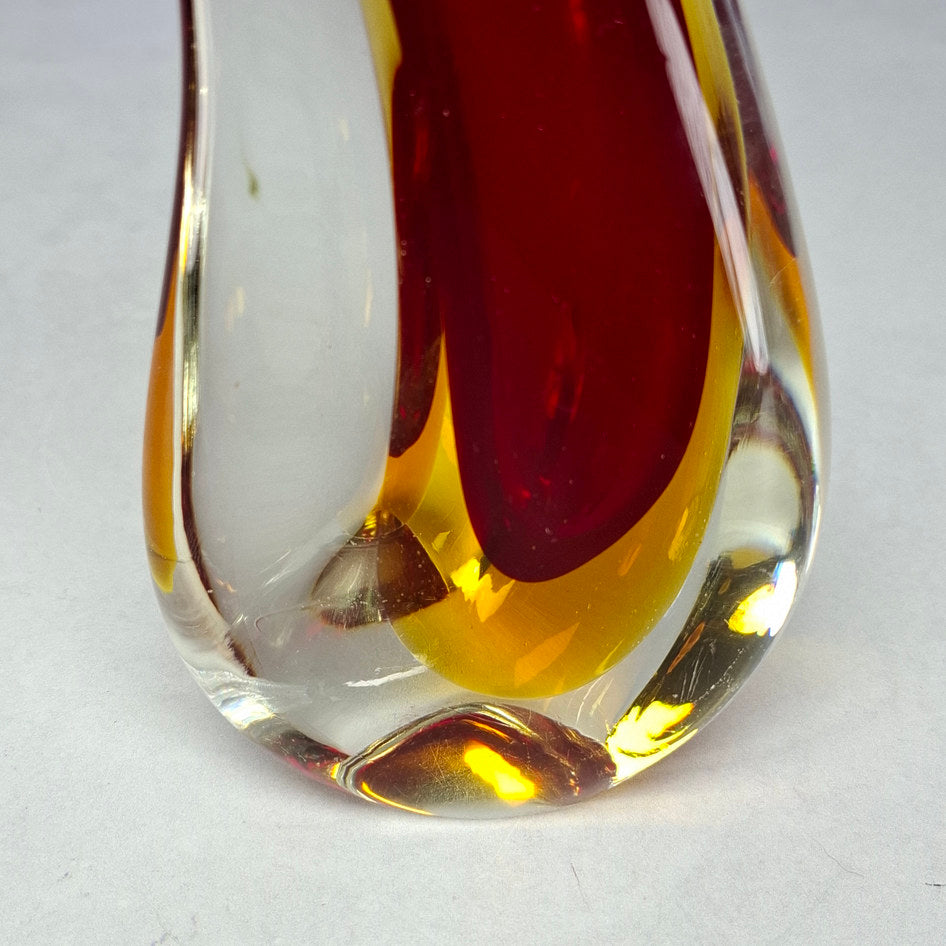Murano-Style Amber Red and Clear Sommerso Art Glass Teardrop Vase