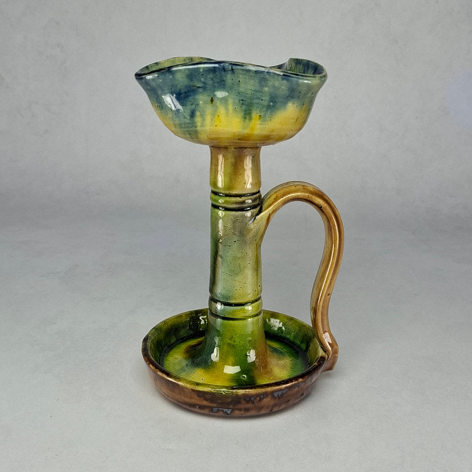 Antique Belgian Drip Glaze Studio Pottery Chamberstick Candle Holder
