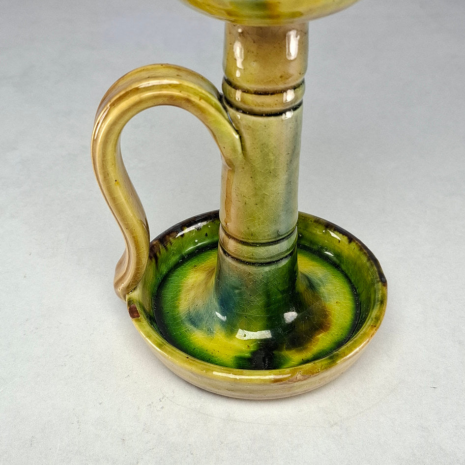 Antique Belgian Drip Glaze Studio Pottery Chamberstick Candle Holder