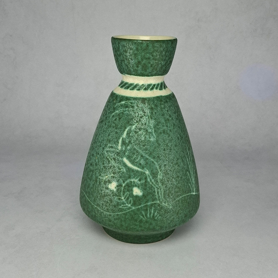 Gmundner Keramik Sage Green Sgraffito Gazelle Stoneware Vase