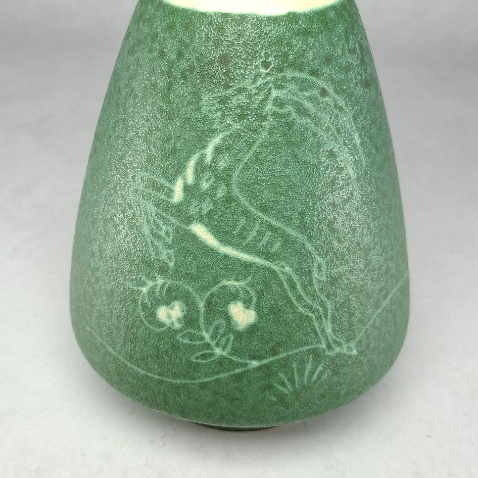 Gmundner Keramik Sage Green Sgraffito Gazelle Stoneware Vase